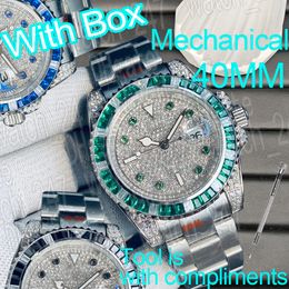 Mode regenbooghorloge iced out horloges diamanten horloges 40 mm topniveau 316 verfijnde stalen horlogeband kristallen wijzerplaat automatische horloges lichtgevend waterdicht polshorloge