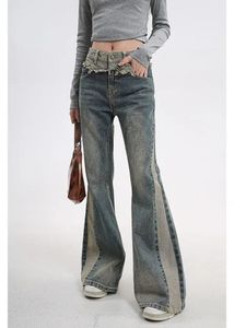 Fashion Raw Edge Splicing Jeans Vrouw Plus Size Amerikaanse Retro tie Slanke Vloer Dweilen Casual Bell Bottoms Hoge Taille Jeans 240320