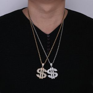 Fashion-Real Gold Plated US Dollar Symbol $ Iced Out Cubic Zircona Personnalisé Pendentif Chaîne Collier Hip Hop Rock Bijoux Cadeaux D'anniversaire