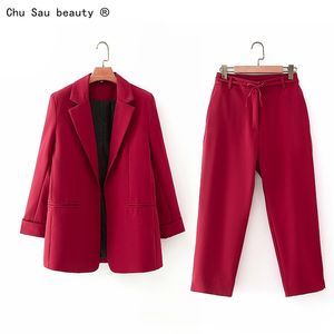 Mode rouge Blazer costumes bureau dames deux pièces ensembles pantalons à manches longues pour femme Completo Donna 210514