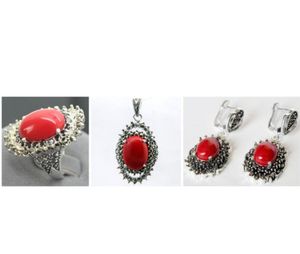 Mode rode gesneden lak Marcasite 925 sterling zilveren rand ring (# 7-10) oorbellen pandent sieraden sets