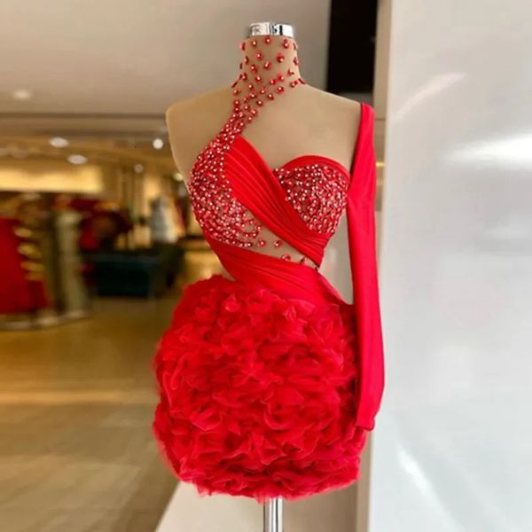 Mode Rouge Col Haut 3D Fleur Applique Perlée Sirène Robe De Soirée Une Épaule À Manches Longues Tulle Robes De Cocktail 2023 240227