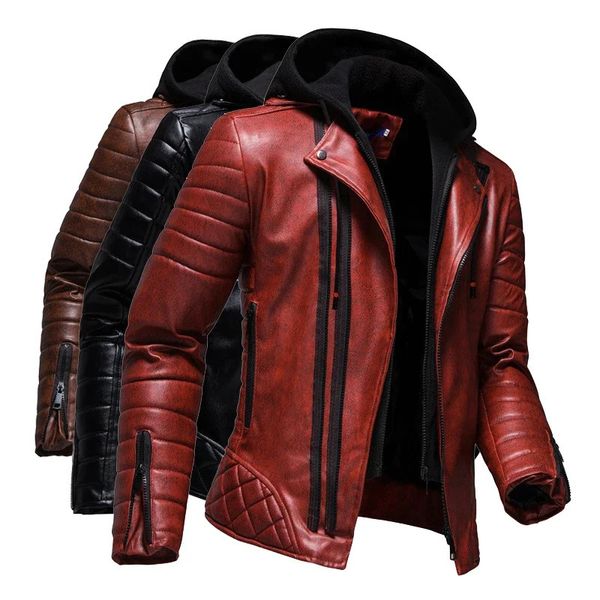 Veste rouge à capuche en cuir PU pour hommes, veste de moto de personnalité, grande taille, vêtements à la mode pour hommes, 240104