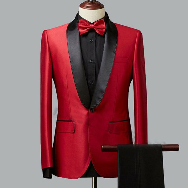 Moda rojo hombres esmoquin novio boda trajes negro chal solapa mejor hombre desgaste Slim Fit fiesta de graduación chaqueta (chaqueta + pantalones)