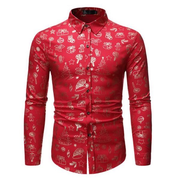Mode rouge hommes chemise de noël décontracté Slim Fit cadeau de noël imprimer hommes chemises habillées à manches longues bouton vers le bas Chemise Homme haut