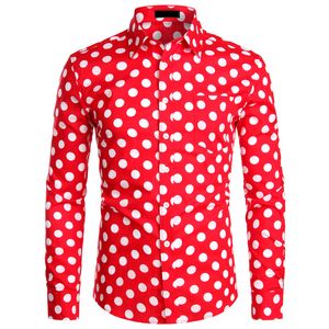 Mode Rood Heren Polka Dot Shirt Casual Button Up Dress Shirts Heren Chemise Homme Party Club Male Shirts Garden Point Top