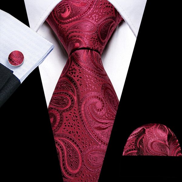 Fashion Red Paisley Mens Necktie for Wedding Tuxedo Classic Black Solid Solid Tie avec des boutons de manchette carrés de poche ensemble pour l'homme Business 240323