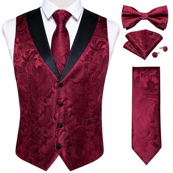 Mode Rouge Paisley Hommes Gilet Tuxedo Robe Accessoire De Luxe Slim Fit Gilet pour Homme Noeud Papillon Cravate Mouchoir Boutons De Manchette 240301