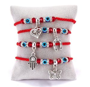 Mode rouge chaîne bleu turc mauvais œil bracelet à breloques fil Hamsa fer à cheval coeur papillon balancent breloques tresse bijoux