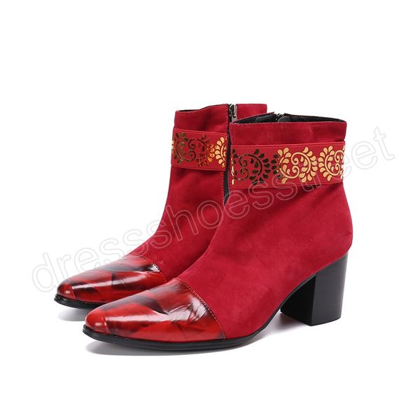 Mode rouge daim cuir hommes bottes de fête augmenter la hauteur mi talon homme bottines grande taille formelle botte courte