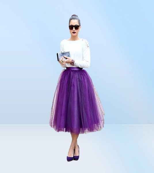 Fashion Regency Purple Tulle Tulle For Women Midi Longitud de la cintura alta de la cintura Faldas de fiesta formales hinchadas Tutu para adultos3657562