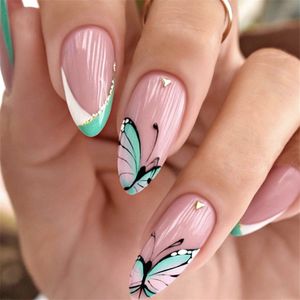 Punta de uñas postizas extraíbles a la moda, cubierta completa con mariposa decorada, prensa en uñas, manicura postiza usable de largo medio