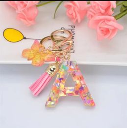 Fashion Resin A-Z Eerste letter Keychains Lanyard voor vrouwen Pink Sparkle Butterfly Tassel Alfabet Keyring voor portemonnee handtassen Autosleutels