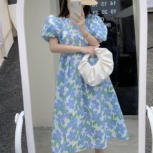 Mode Retro Blue Print Lange jurk Korea Zomer Vrouwen Sweet Puff Sleeve O hals Casual Boheemse vakantie jurk 210518