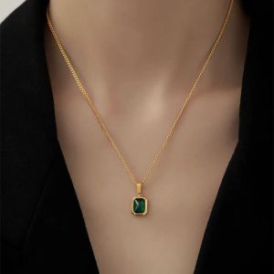 Colgante de circón verde cuadrado Retro a la moda, collar de oro amarillo de 14k para mujer, collar con dije para niñas, regalo de joyería de compromiso de boda