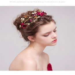 Mode Rhinestone Red Flower Gold Ploated Butterfly Hairbands Wedding Tiara Pearl Hoofdbanden Bruidaal Haar Sieraden Accessoires241R