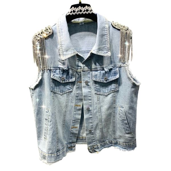 Mode Strass Tassel Epaulet Denim Femme Gilet Haute Qualité Lâche Trou D'été Femmes Sans Manches Veste Manteau Coréen Outwear 201102