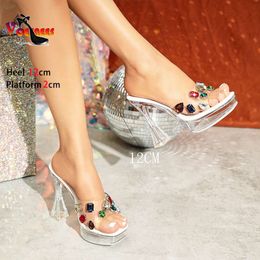 Fashion Rhinestone Women Chaussures 12cm High Talons Summer Transparent Perspex Lady Slippers colored Big Diamond Party Sandals Mules