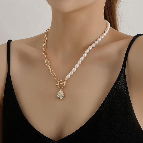 Mode Reis Perle Goldene Stahl Farbe Kette Halskette Einfache Goldene Jakobsmuschel Anhänger Frauen Schmuck Großhandel