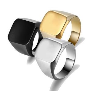 Mode Ringen Vierkante Big Breedte Signet Ringen 24K Titanium Staal Man Finger Silver Black Gold Men Ring