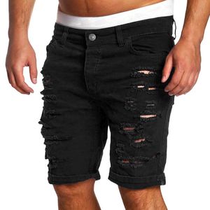 Mode gescheurde gat denim shorts mannen zwart witte slanke mager rechte casual jeans vintage lage taille korte homme