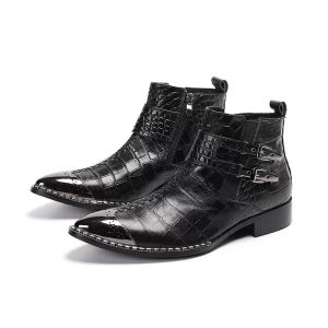Fashion Rock British Men S Black Buckles Man Genuine Leather Toble Botas Zapatos Pisos Tacones de personalidad Tamaño de personalidad D DRE BUSTLE BOOT