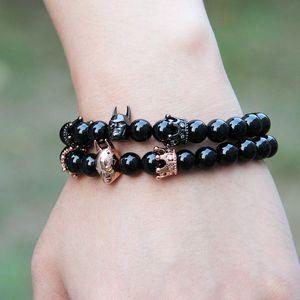 Mode Romeinse Knight Crown Armband 8mm A Grade Black Onyx Steen Kralen Fijne Mannen Dames Charms Sieraden