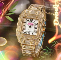 Mode chiffre romain carré montre en cuir véritable femmes hommes or rose argent glacé jour date plein diamants bague boîtier quartz batterie super chaîne bracelet montres