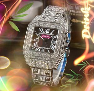 Mode romeins nummer vierkant lederen horloge dames heren waterdicht dame Iced Out dag datum volledige diamanten ring kast quartz batterij super horloges Montre de Luxe