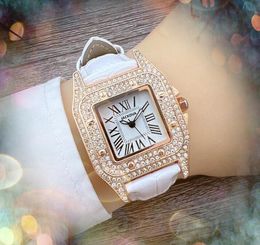 Mode Romeinse nummer vierkante quartz lederen horloge vrouwen bling crystal diamanten ring populaire business rose goud zilveren kast tank serie jurk cadeau polshorloge