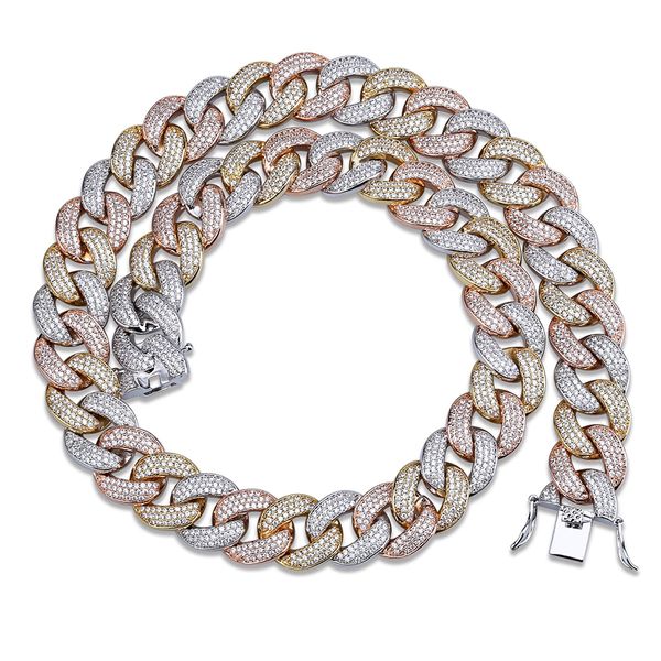 Fashion-Rose et Or Blanc Full Cubic Zirconia Cuban Chain Collier 10 14 18 mm Diamant Hip Hop Punk Rock Bijoux Cadeaux pour Garçons En Gros