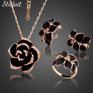 Mode rose bloem emaille sieraden set goud kleur armbanden zwart schilderij bruids sieraden sets voor vrouwen 82606