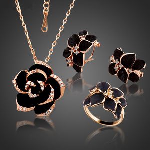 Elegant Rose Flower Enamel Jewelry Set in Rose Gold with Black Painting for Bridal Wedding