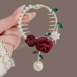 Fashion Rose Flower Hair Clip Vrouw elegante parel Tassel Ponytail Buckle Clip Dames Haaraccessoires Hoofdtooi