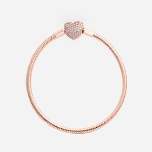 Fashion Rose Gold CZ Diamond Heart-armbanden Originele doos voor Sier Smooth Snake Chain-armband