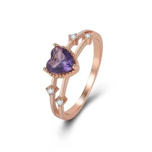 Anillo de amatista de imitación de oro rosa a la moda, anillo de circón de cristal en forma de corazón de lujo, joyería exquisita y pequeña para mujer