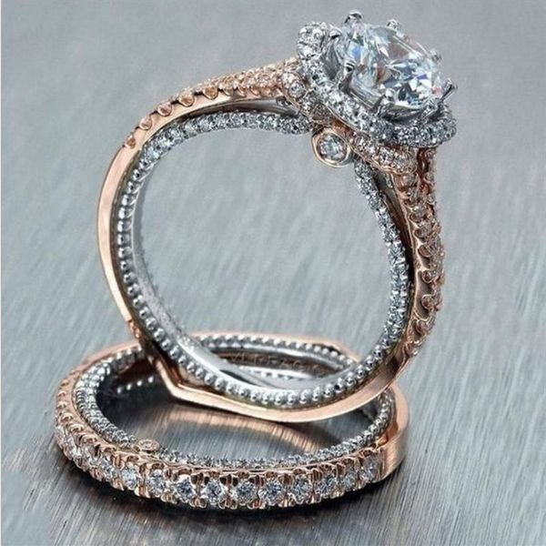Anillos de oro rosa de moda para mujer, conjunto de anillos finos dobles, anillo de compromiso, anillos de boda de Zirconia, par para mujer, regalo de joyería A0244221n