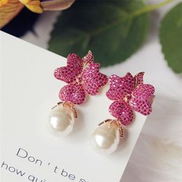 Fashion Rose Red Big Flower Full Stone Setting Irregular Pearl Drop Earge Party Bijoux Gift Wedding Bride Accessoires 210624232N
