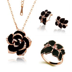 Conjunto de collares de joyería de flores de rosas de moda, conjunto de joyería nupcial de pintura negra de Color oro rosa para mujer, boda