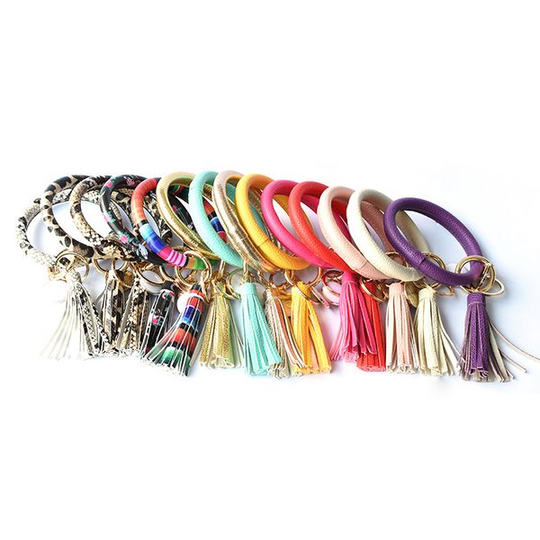 Mode ronde porte-clés Bracelets en cuir bracelet porte-clés gland pendentif bracelet Bracelet léopard Plaid O Ring porte-clés Kimter-Q17FZ