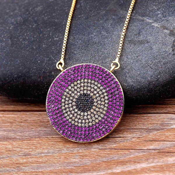 Mode ronde forme pleine breloque en Zircon chanceux turc bleu mauvais œil pendentif strass collier ras du cou couleurs vert/Violet/Violet