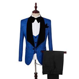 Fashion Royal Blue Black Groom Tuxedos 3 piezas Shawl Lapa de solapa de la solapa