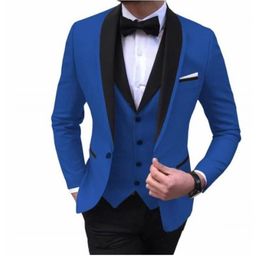 Mode Bleu Royal Hommes Smokings De Mariage Noir Châle Revers Marié Smokings Excellent Hommes Veste Blazer 3 Pièce Costume Veste Pantalon Cravate V227A