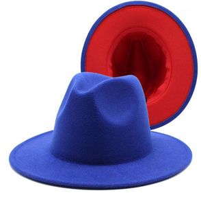 Mode Royal bleu rouge Patchwork feutre chapeau femmes hommes à large bord imitation laine Jazz Fedora chapeau Panama Trilby casquette tendance Gambler14479457