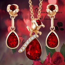 Ensemble de boucles d'oreilles et collier en or 14 carats avec pendentif en forme de fleur et de gouttelette de rubis rose pour femmes, ensemble de bijoux pour banquet, anniversaire de mariage, cadeau