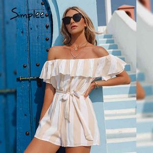 Mode Stripe Stripe Lâche Femmes Casual Summer Summer Off Bow Cheveux Barbonatage High Taille Beach Imprimer Romper 210414