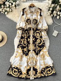 Mode piste baroque Maxi robe femmes longue lanterne manches boutons vers le bas fleur dorée imprimer élégant ceinture fête robes 240113