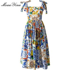 Mode Runway Custom Summer Katoenen Jurk Dames Hoge Kwaliteit Geschilderde Pottery Printed Bow Spaghetti Strap Party 210524