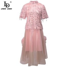 Mode piste Designer automne femmes gland paillettes à manches courtes hauts et rose maille longue jupe 2 deux pièces ensemble 210522