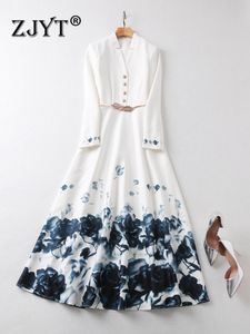 Fashion Runway -ontwerper Bloemprint Lange maxi -jurk voor vrouwen herfstkleding 2022 Elegant volle mouw witte feestvestidos